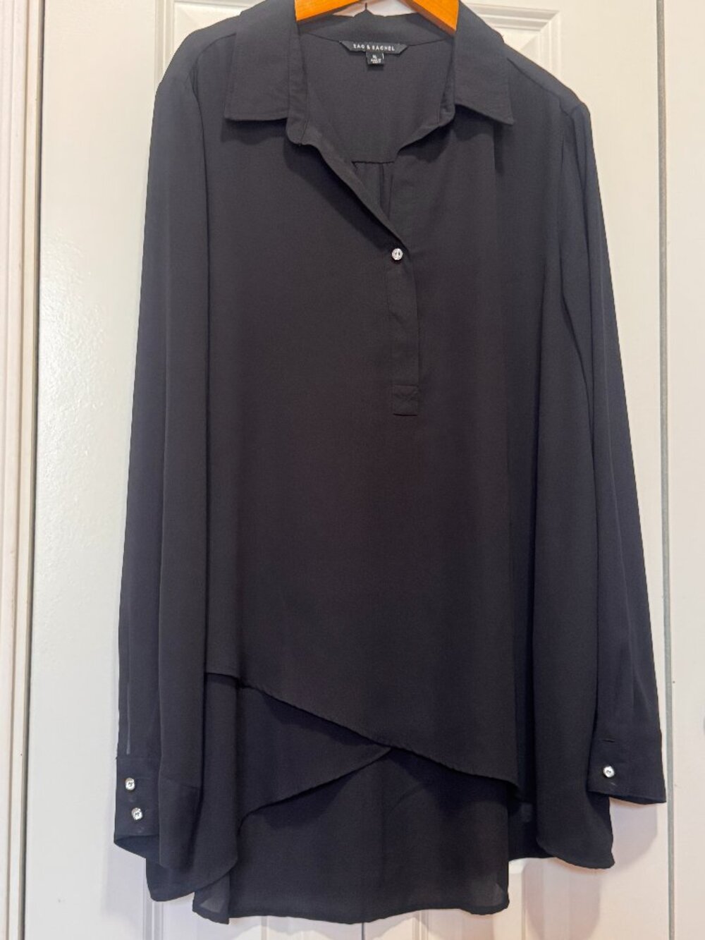 Zac & Rachel Black Asymmetrical Layered Hem Blouse Women's XL Long Sleeve